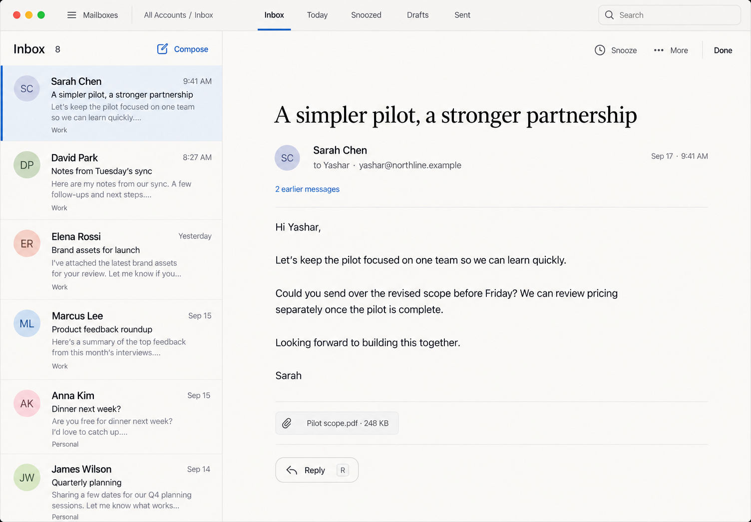 Susa design preview showing a calm Mac inbox with fictional sample messages. Opens the full-size image in a new tab.